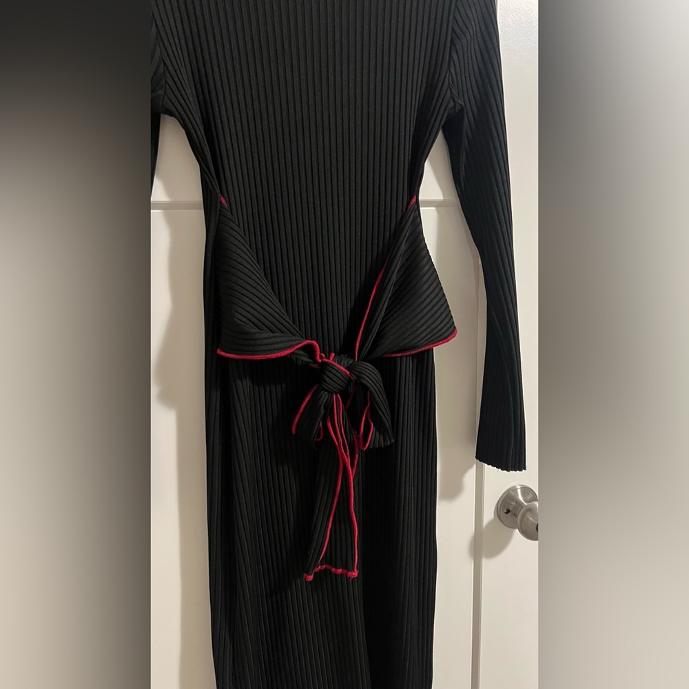 Zara Black Wrap Dress with Red Tie Front Long Sleeve